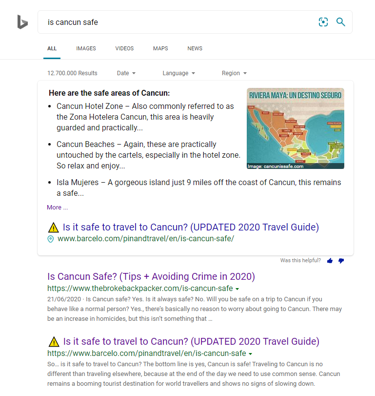 Featured Snippet in Bing for "is Cancun safe" search