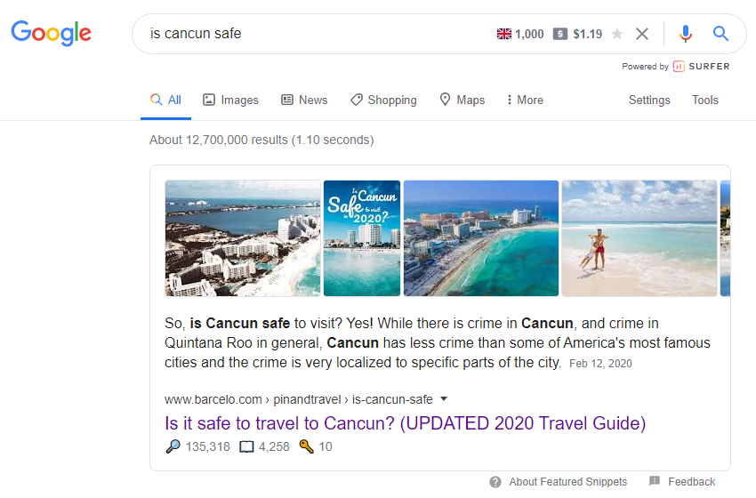 Featured Snippet in Google for "is Cancun safe" search