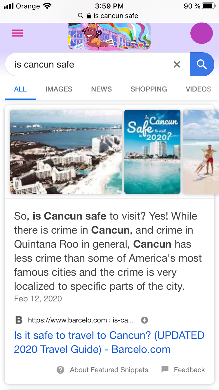 Featured Snippet in Google AMP for "is Cancun safe" search