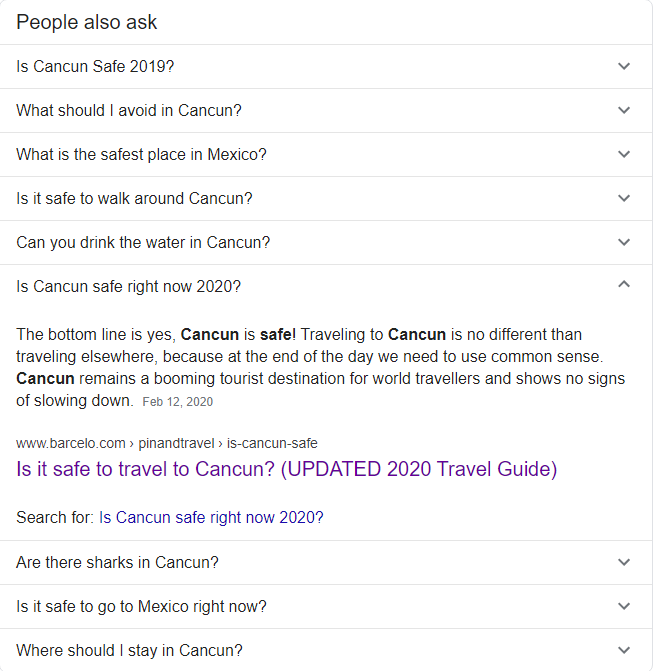 People Also Ask feature in Google for "is Cancun safe right now 2020" search