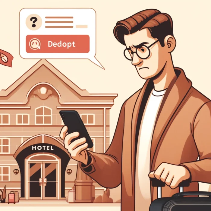 A hotel guest reading an outdated and inaccurate description of a hotel on their phone while standing in front of the hotel. The guest looks confused